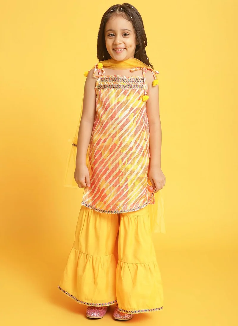 Girls' Cotton Blend Striped Kurti with Solid Sharara & Net Dupatta Set with Gotta Patti Detail